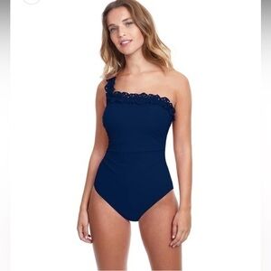 Profile by Gottex Hula Dance Ruffle One Shoulder One Piece Swimsuit Navy Blue